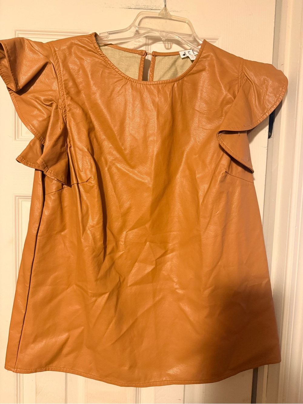 Women’s TCEC Faux Leather Blouse Shirt Tulip Ruffle Sleeve Brown L Large Western